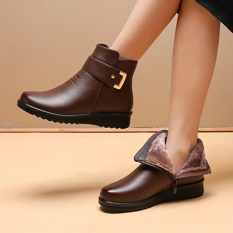 Luna - Bota De Couro Feminina Aveludada Impermeável